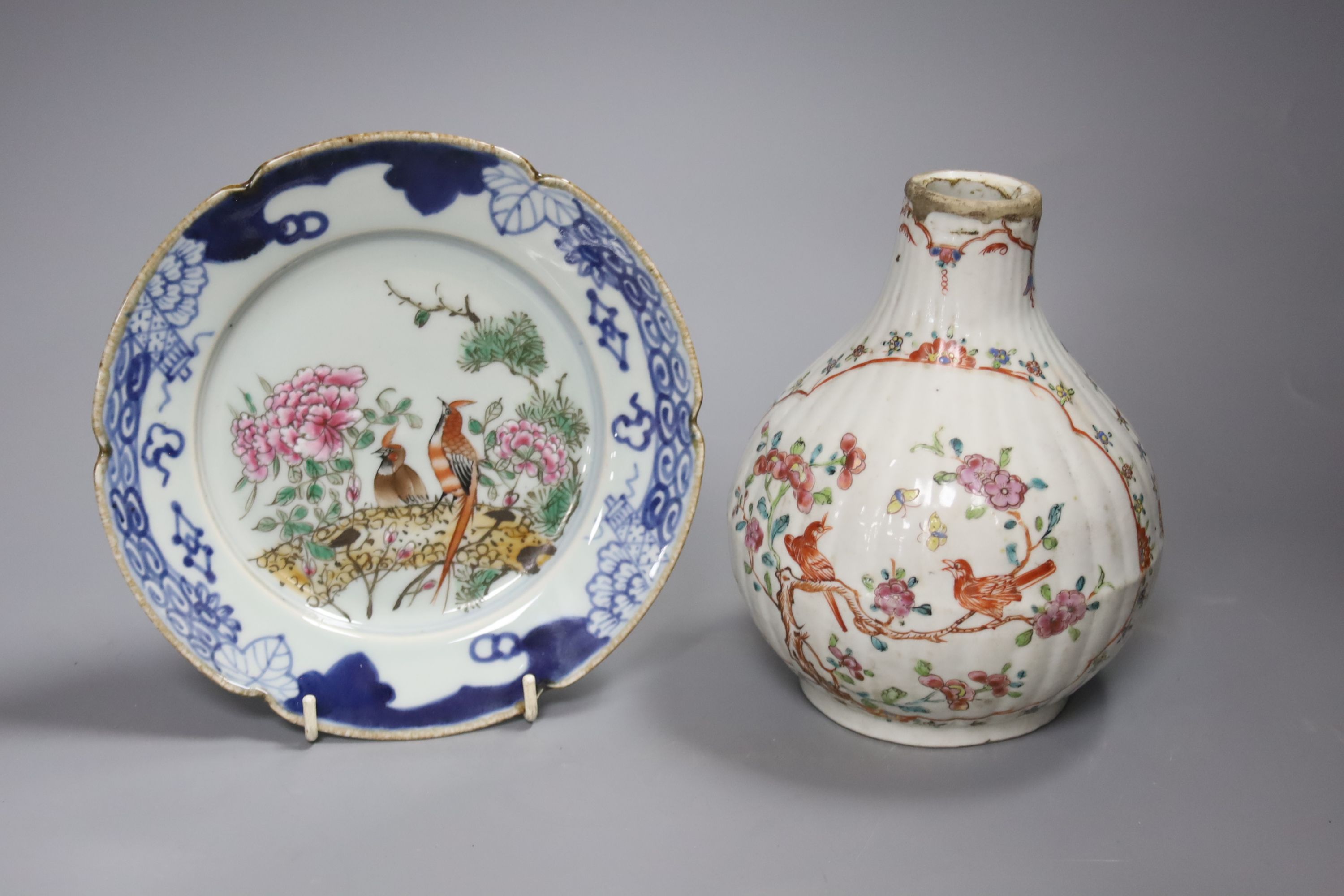 A Chinese Qianlong period bottle vase, reduced, height 29.5cm, and a Chinese plate with signature on back